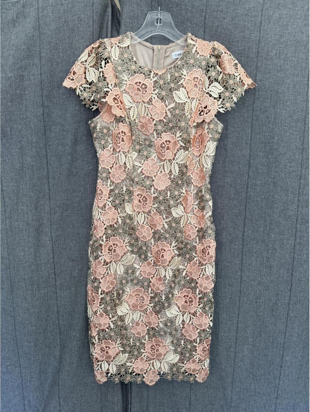 Calvin Klein Sheath Lace Dress Pink Beige Gray rose wedding classy midi size 2
